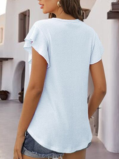 Waffle-Knit Round Neck Cap Sleeve Blouse