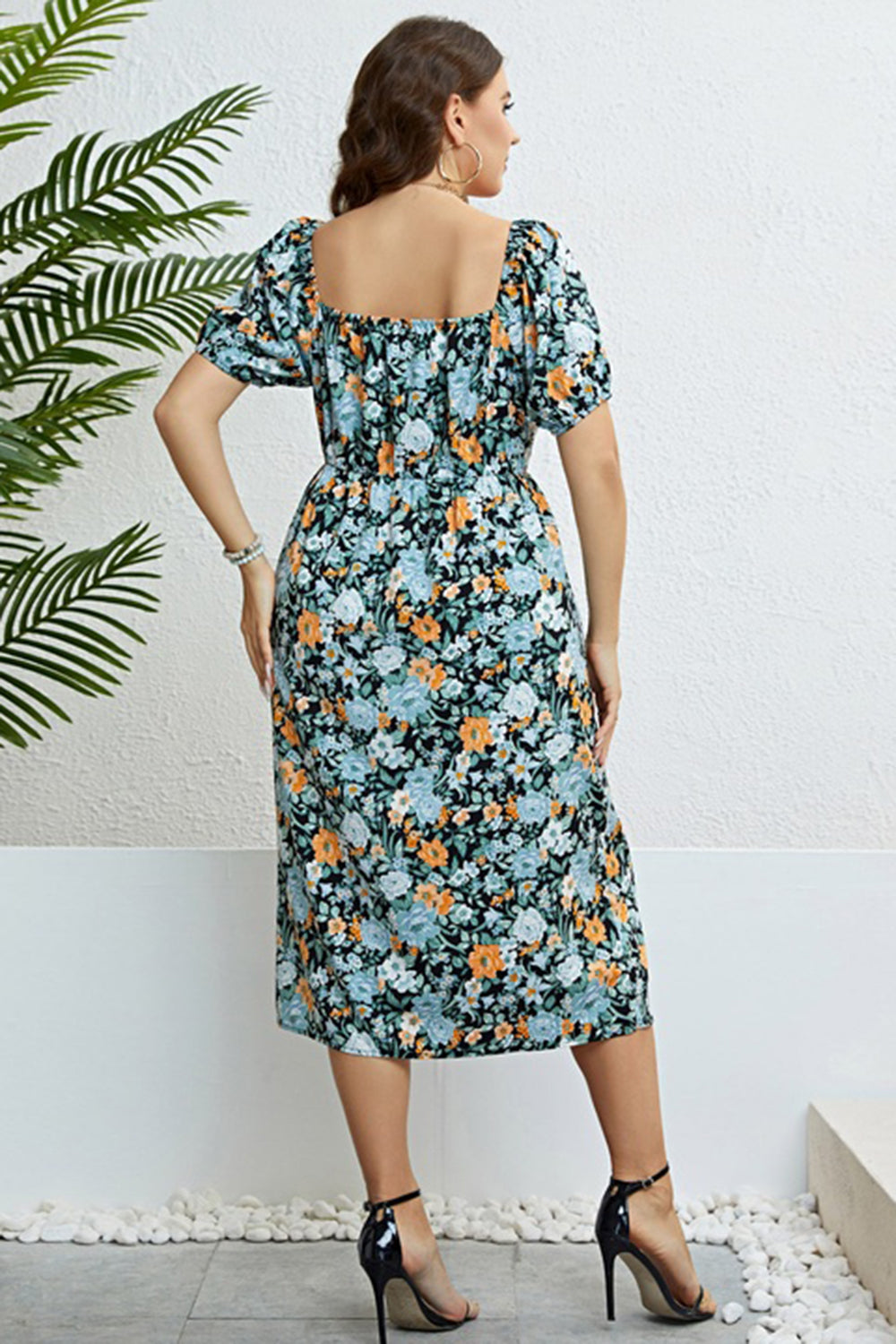 Plus Size Floral Short Sleeve Slit Dress