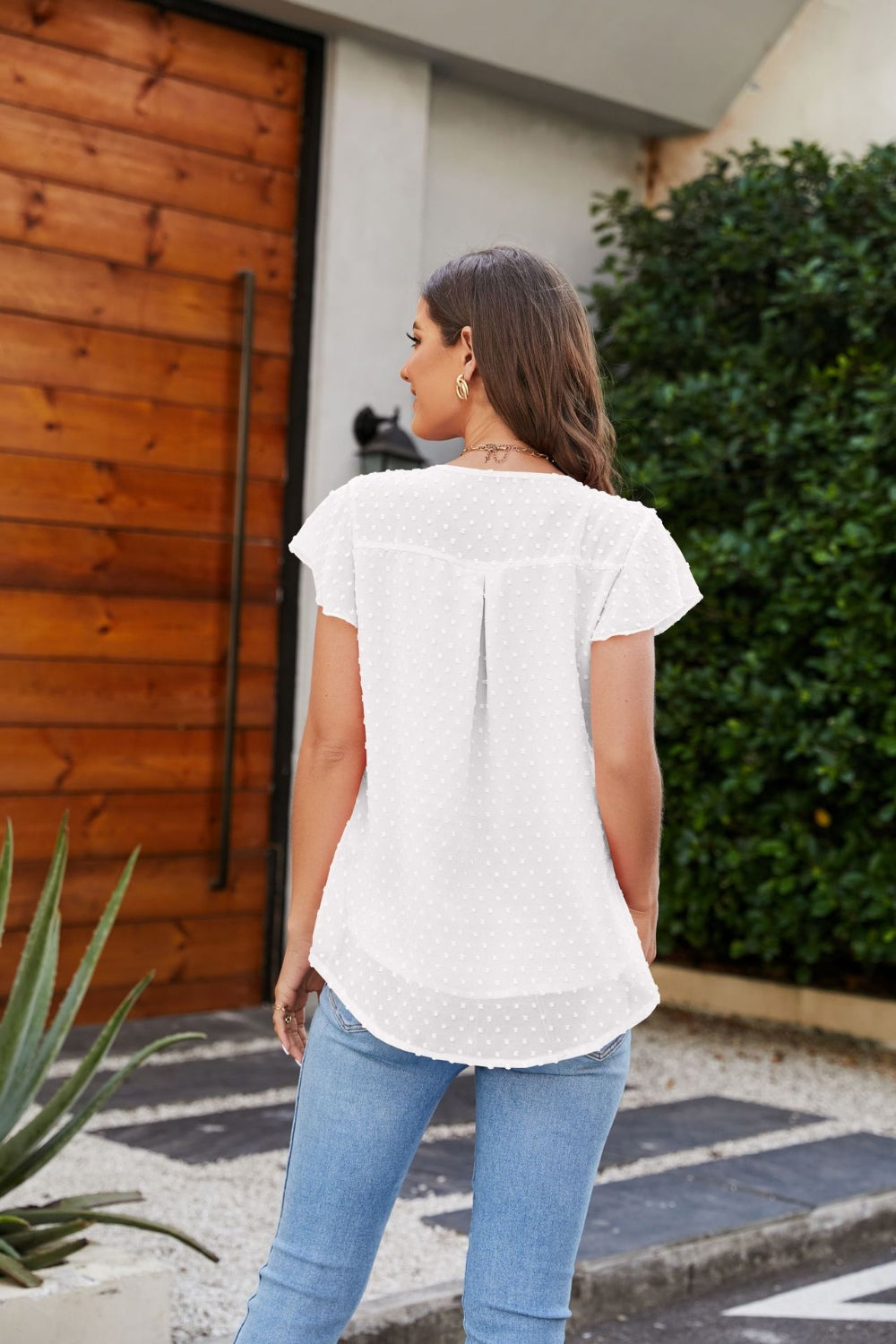 Swiss Dot Round Neck Cap Sleeve T-Shirt