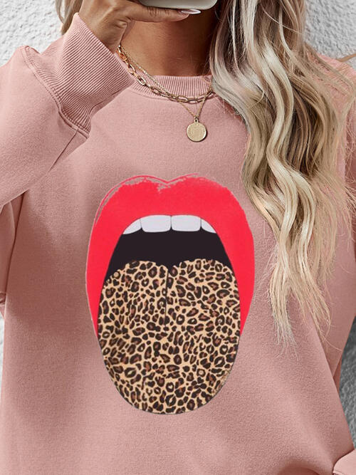 Leopard Lip Graphic Round Neck Sweatshirt