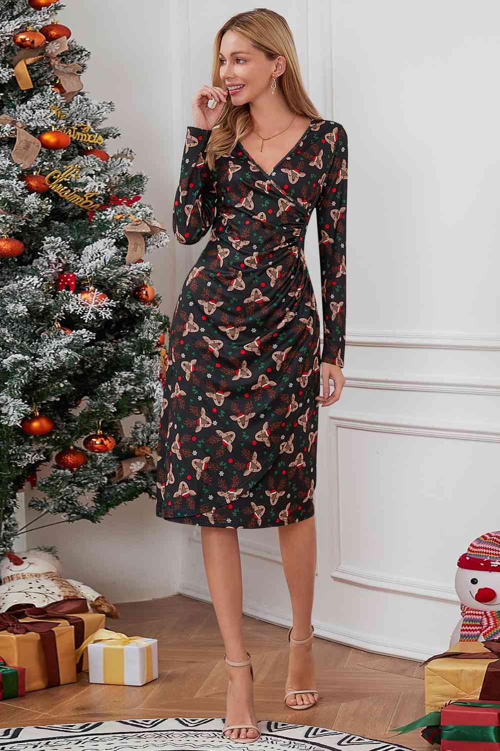 Langärmliges Kleid mit Weihnachtselement-Print