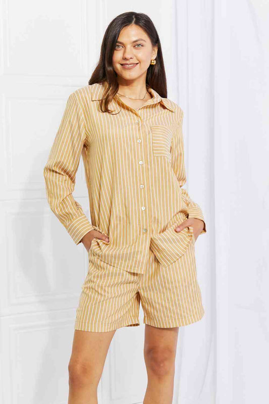 Zenana Striped Shirt and Shorts Loungewear Set in Mustard