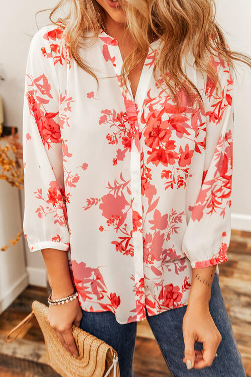 Floral Notched Long Sleeve Blouse