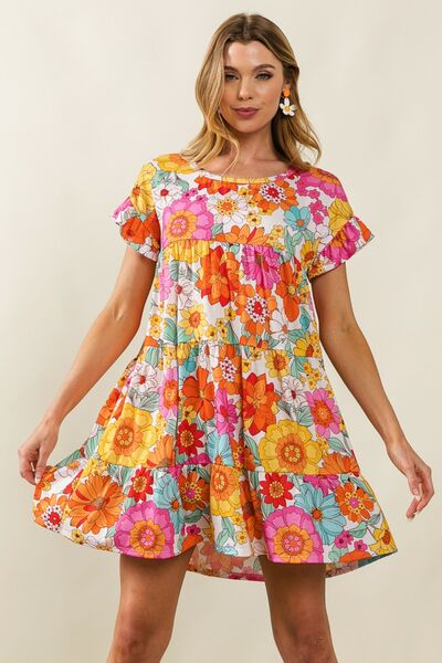 BiBi Floral Short Sleeve Tiered Dress