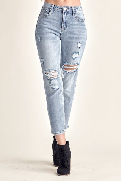 RISEN – Schmal geschnittene Distressed-Jeans