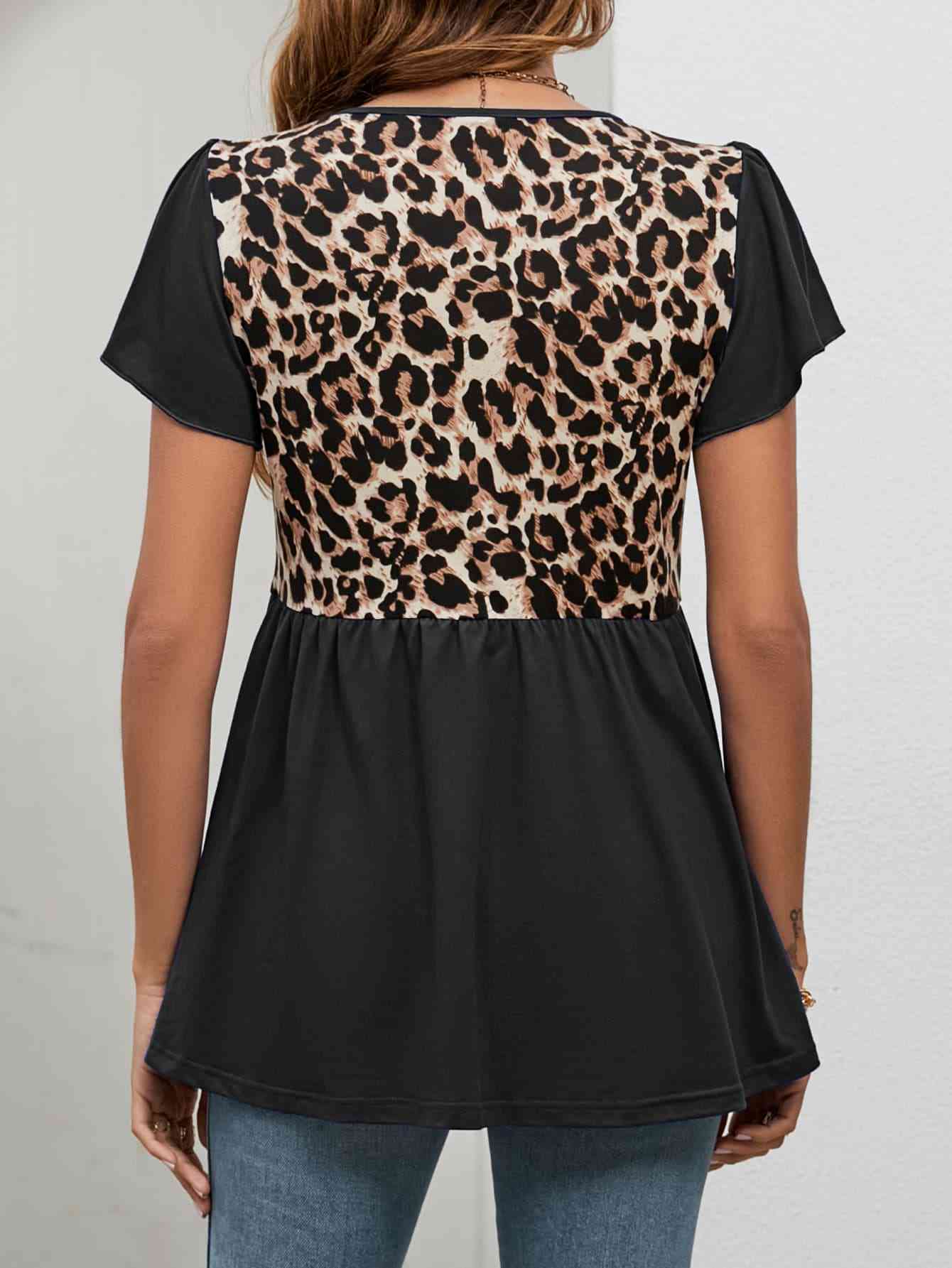 Leopard Round Neck Flutter Sleeve Babydoll Blouse