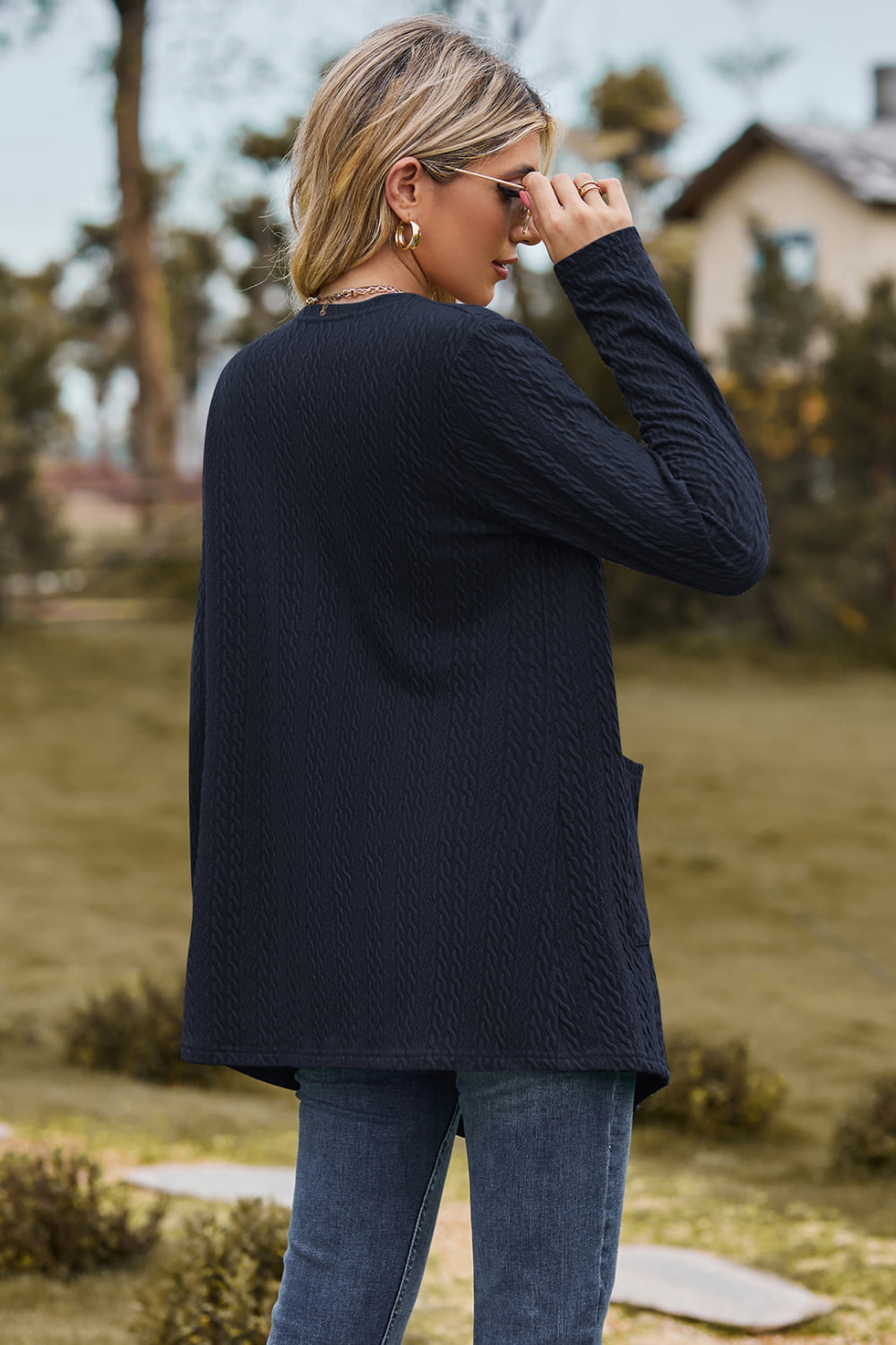 Cable-Knit Long Sleeve Cardigan with Pocket