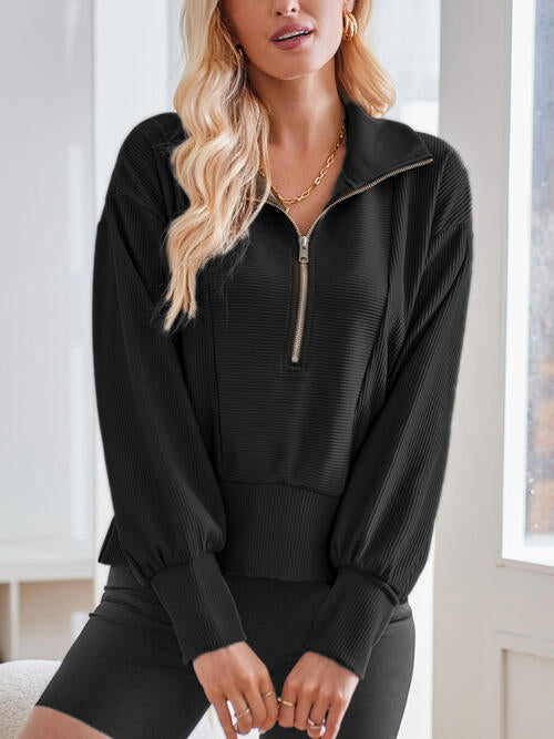 Ribbed Half Zip Collared Neck Sweatshirt