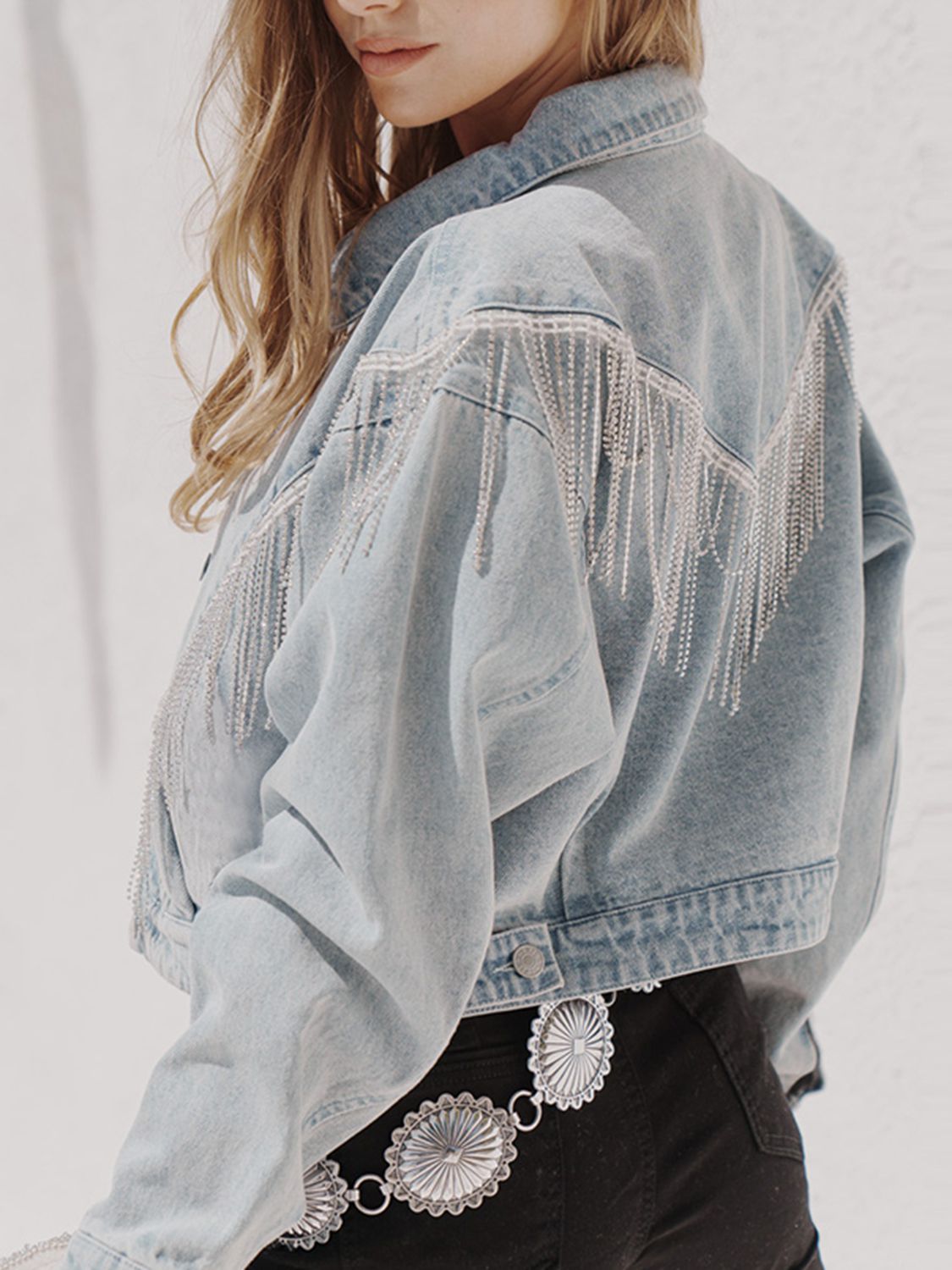 Fringe Detail Dropped Shoulder Denim Jacket