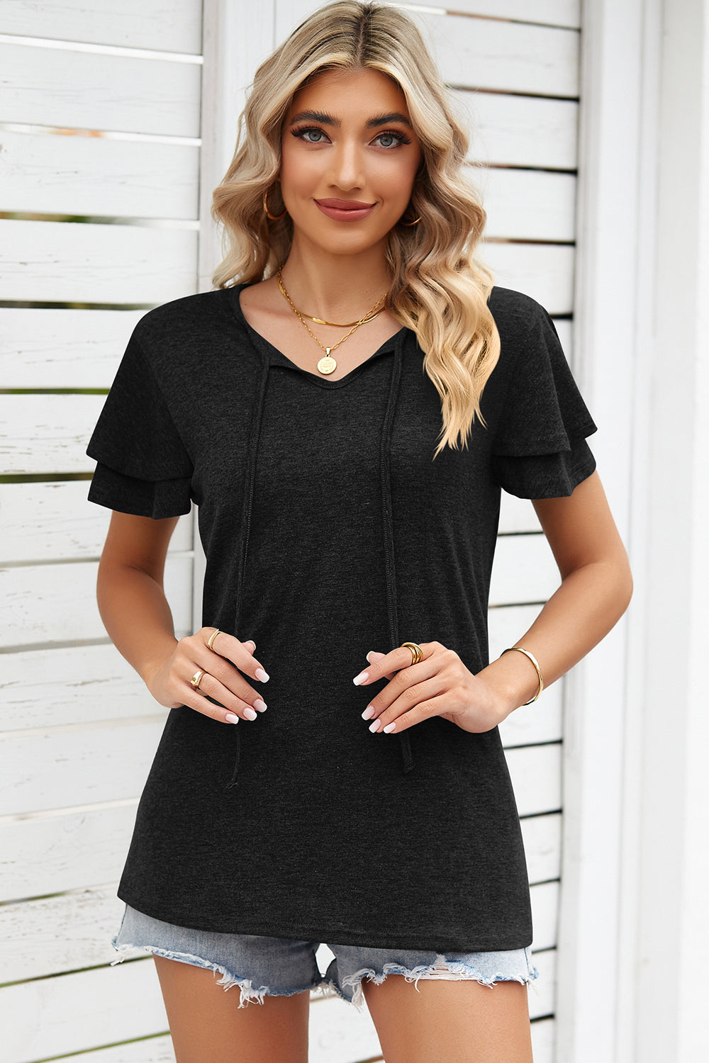 Tie Waist Flutter Sleeve Blouse