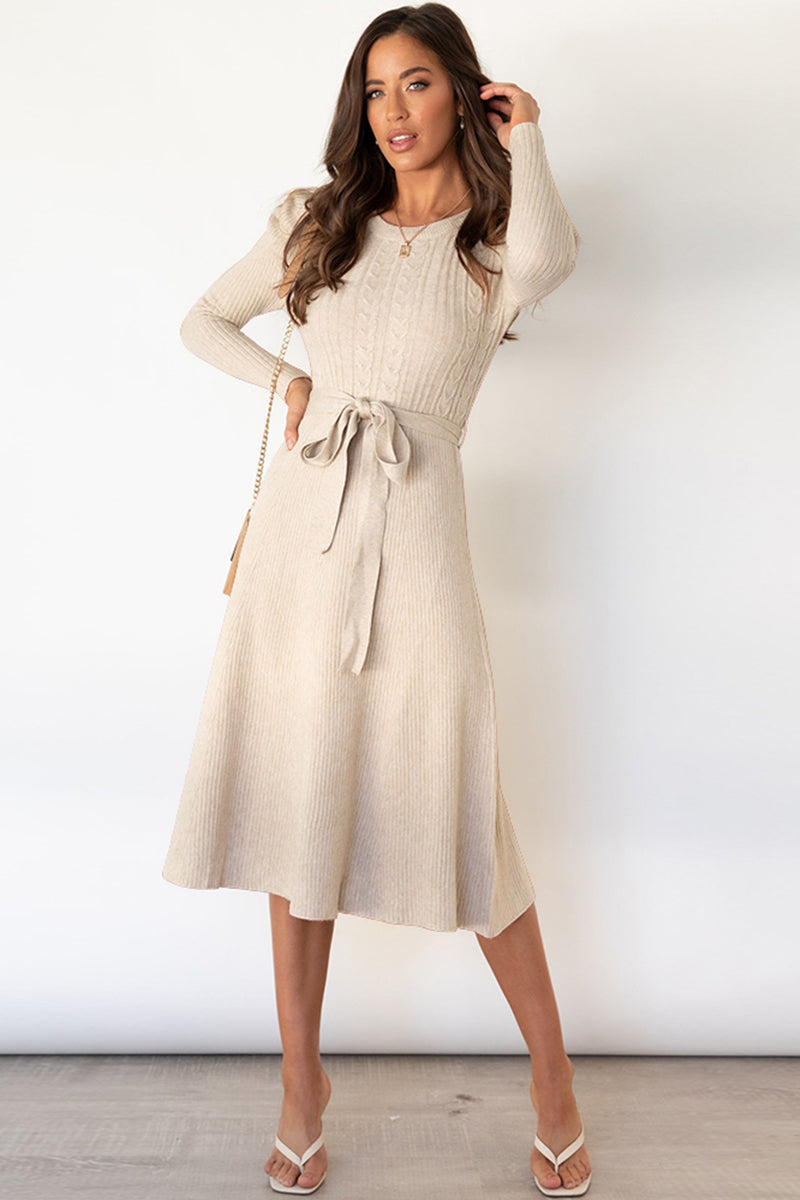 Round Neck Long Sleeve Tie Waist Sweater Dress