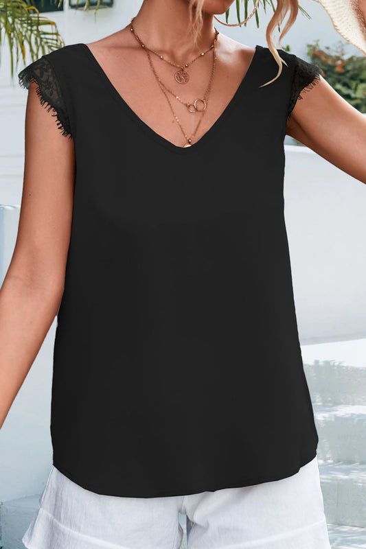 Tanktop mit V-Ausschnitt und Wimpernbesatz und Spitzendetail