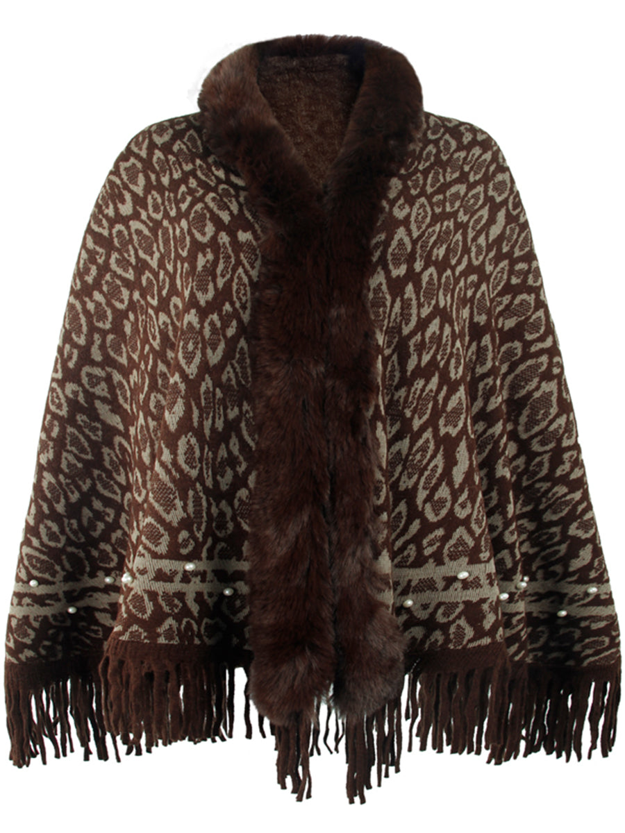 Poncho mit Leopardenmuster und Fransensaum