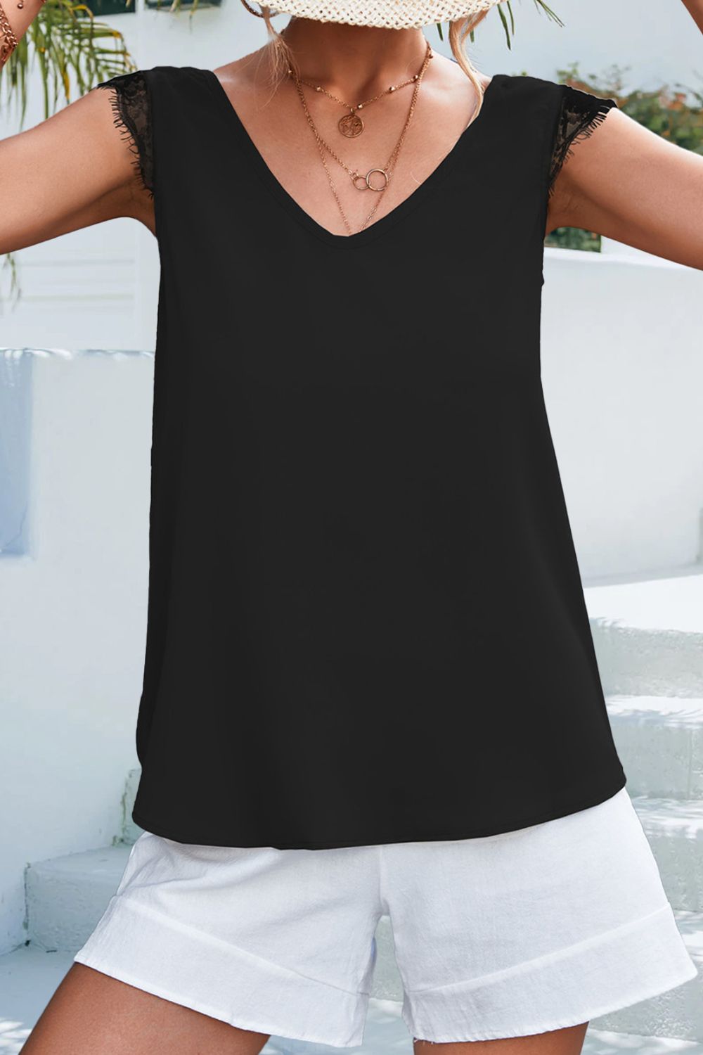 Tanktop mit V-Ausschnitt und Wimpernbesatz und Spitzendetail