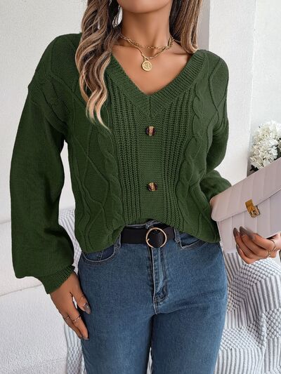 Cable-Knit Buttoned V-Neck Sweater