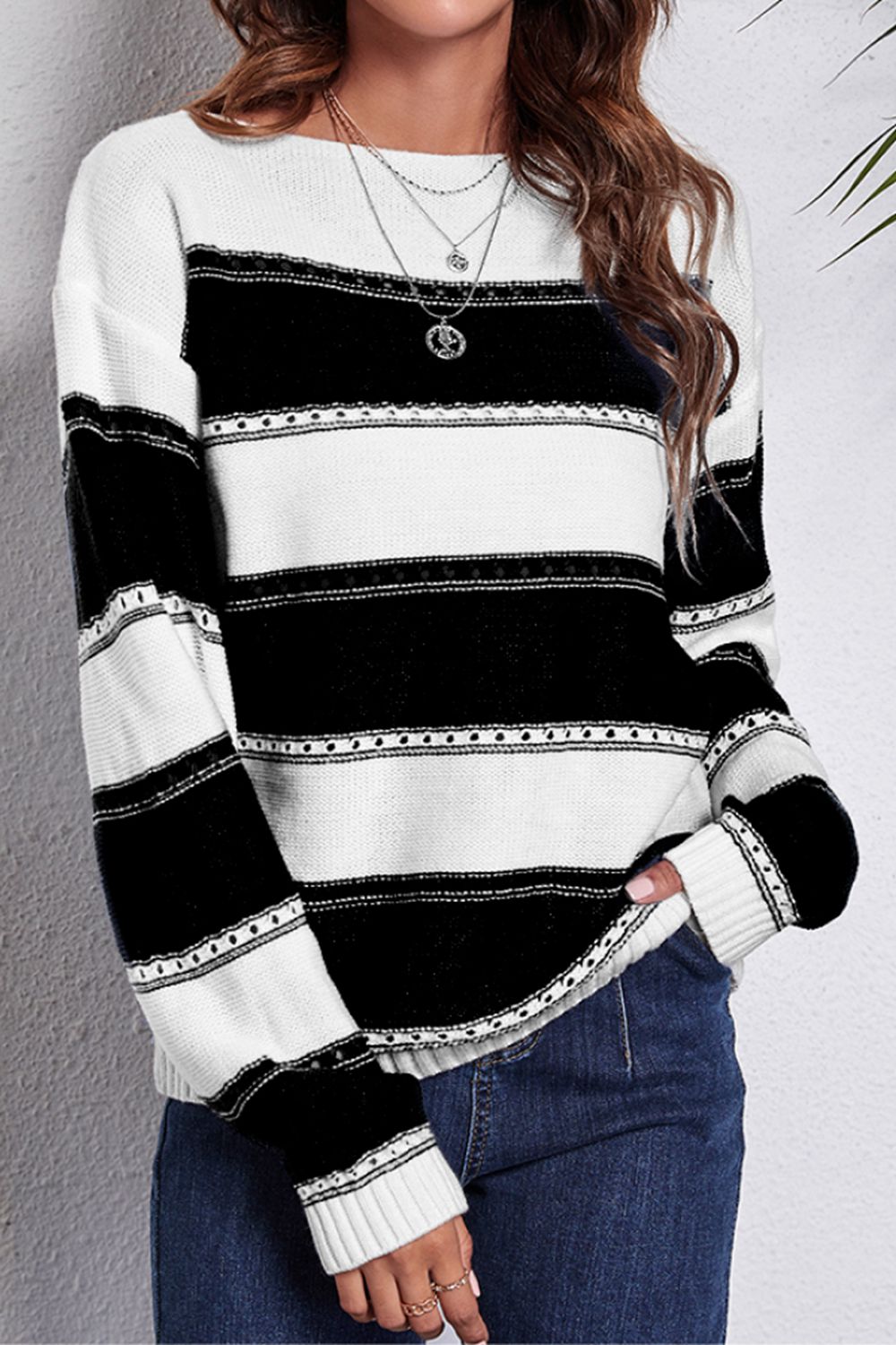 Striped Boat Neck Dropped Shoulder Sweater