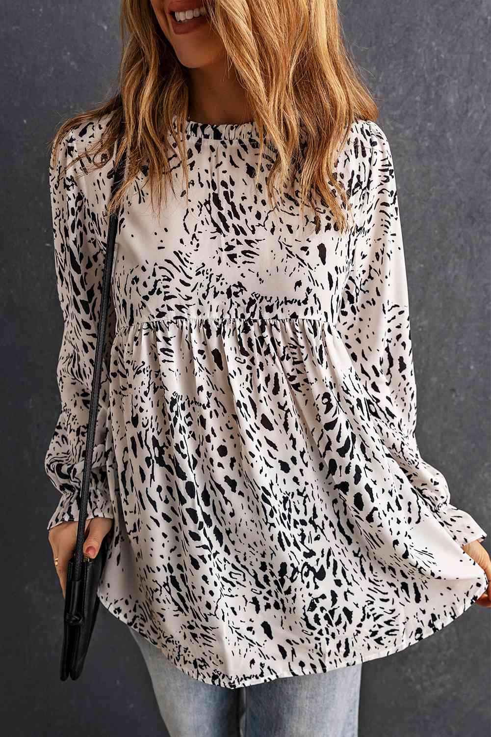 Printed Frill Neck Flounce Sleeve Babydoll Blouse