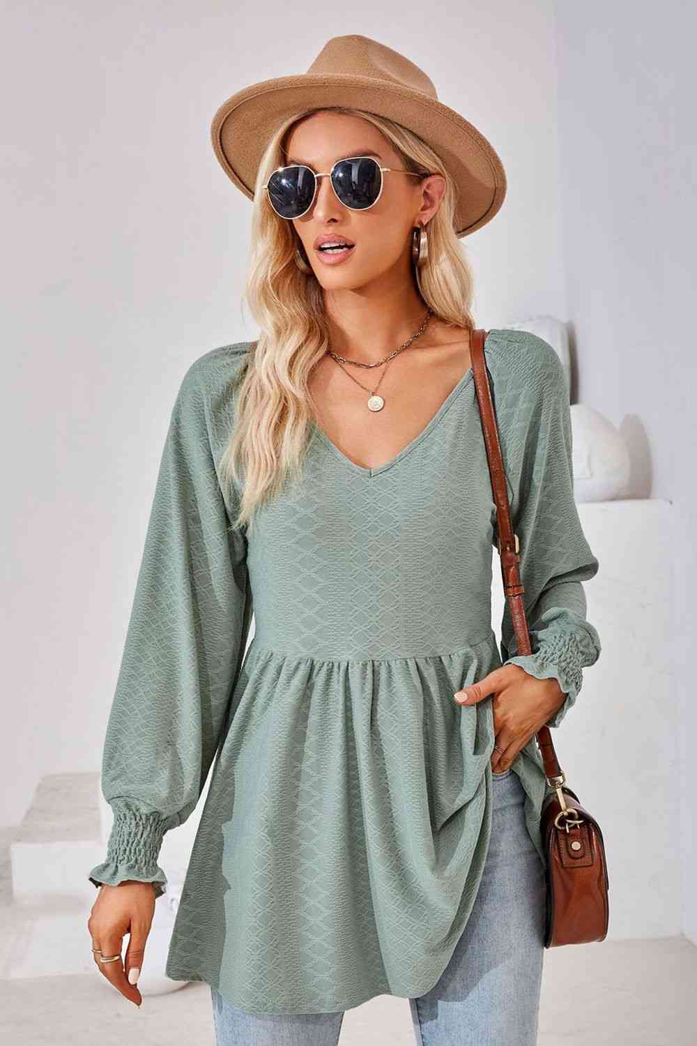 V-Neck Lantern Sleeve Blouse