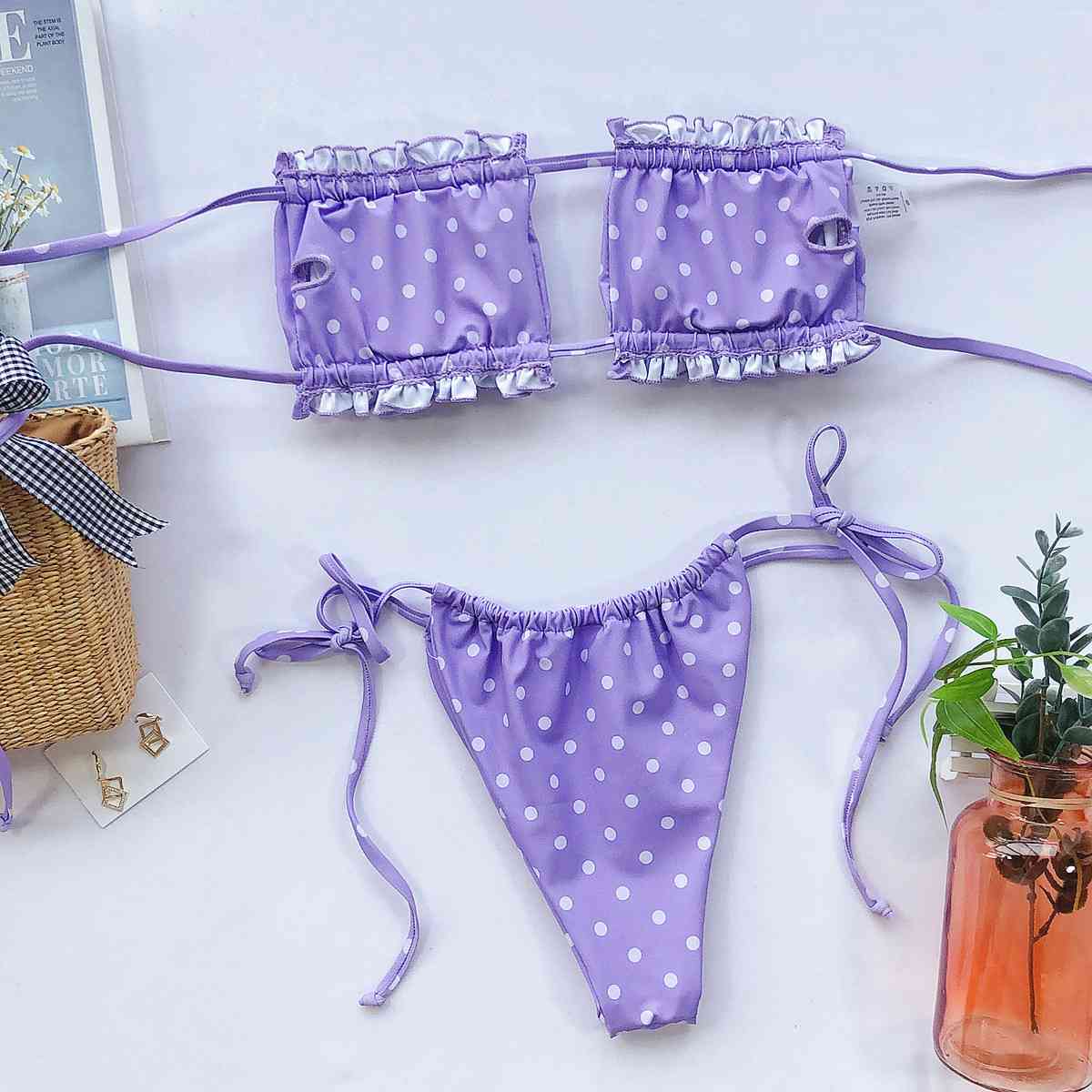 Gerafftes Bikini-Set mit Rüschenbesatz