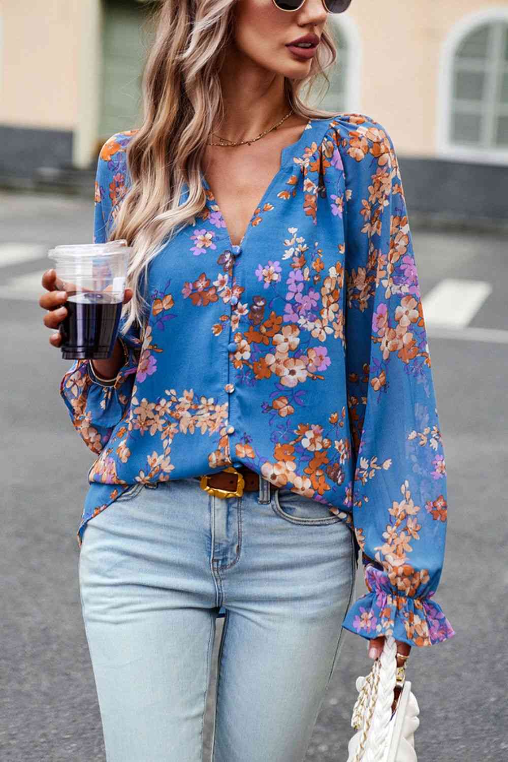 Bluse mit Volantärmeln und Blumendruck