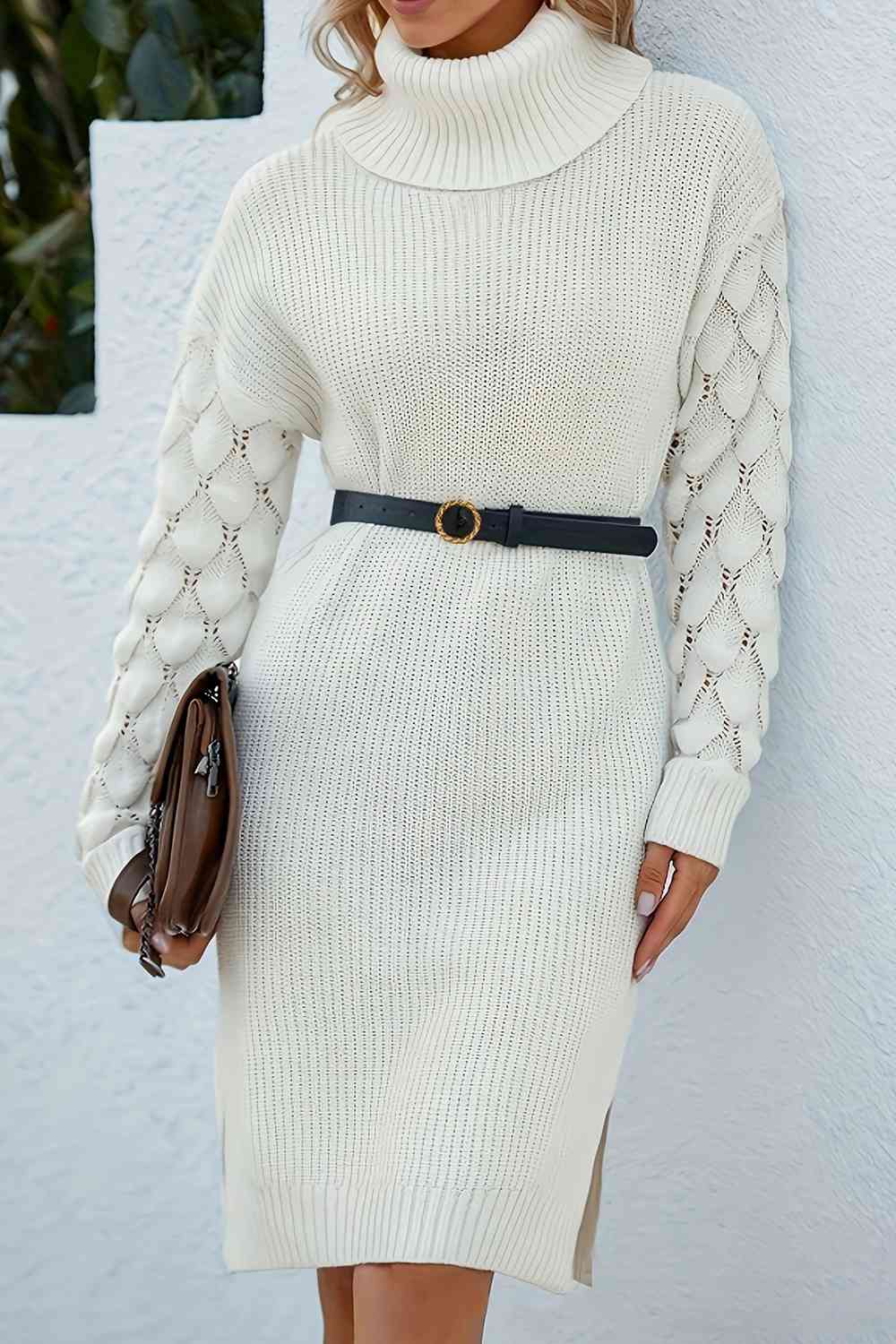 Turtleneck Drop Shoulder Slit Sweater Dress