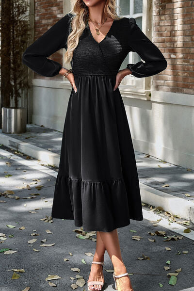 Smocked Surplice Long Sleeve Midi Dress