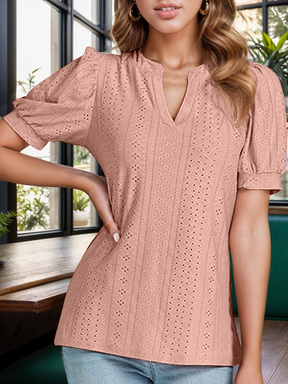 Eyelet Notched Short Sleeve Blouse