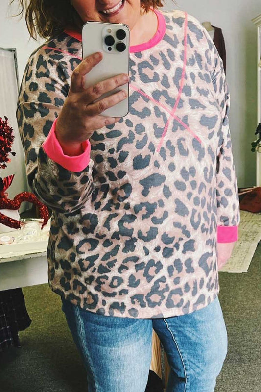 Plus Size Leopard Print Round Neck Sweatshirt