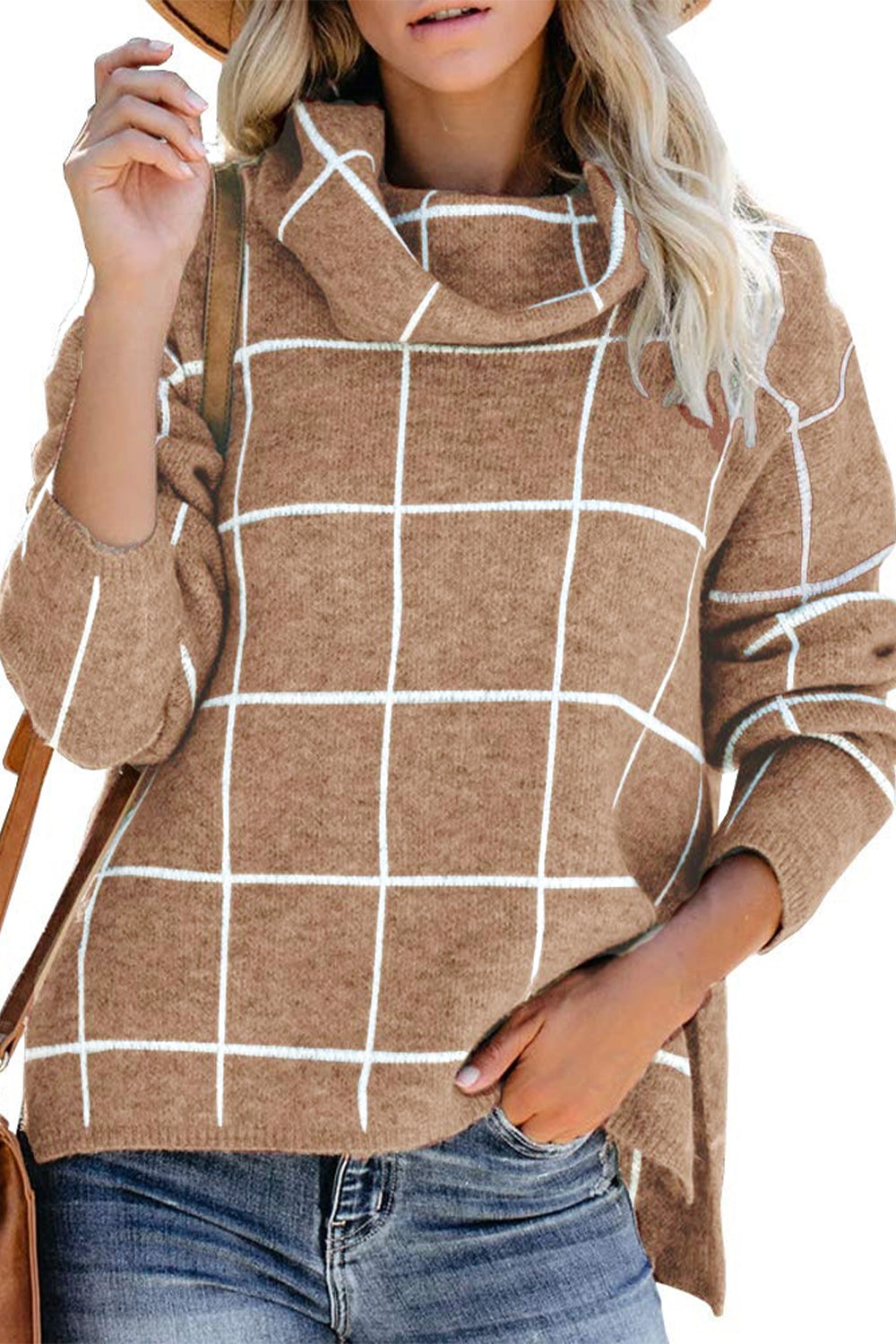 Plaid Turtleneck Drop Shoulder Sweater