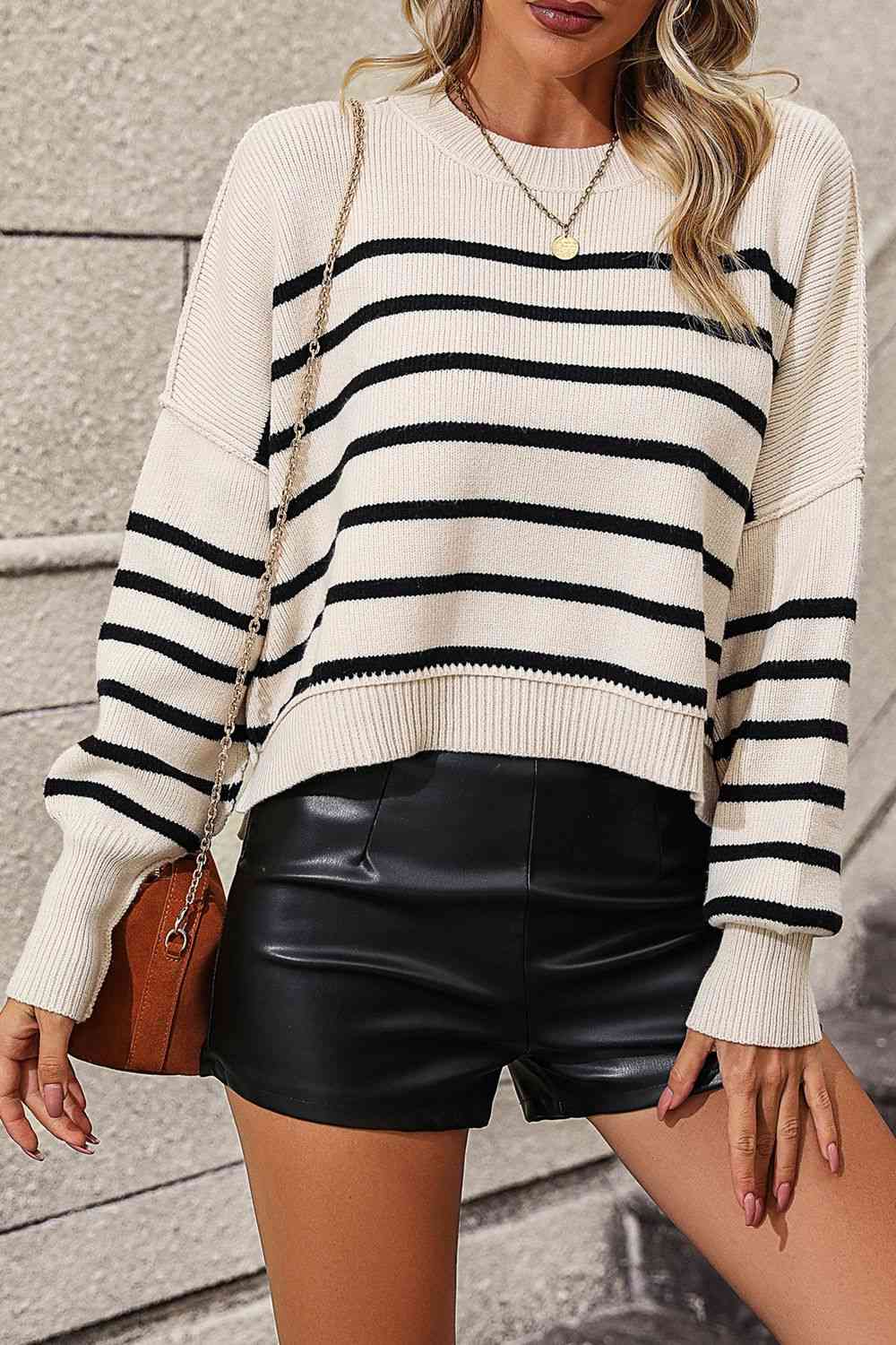 Striped Dropped Shoulder Round Neck Pullover Sweater