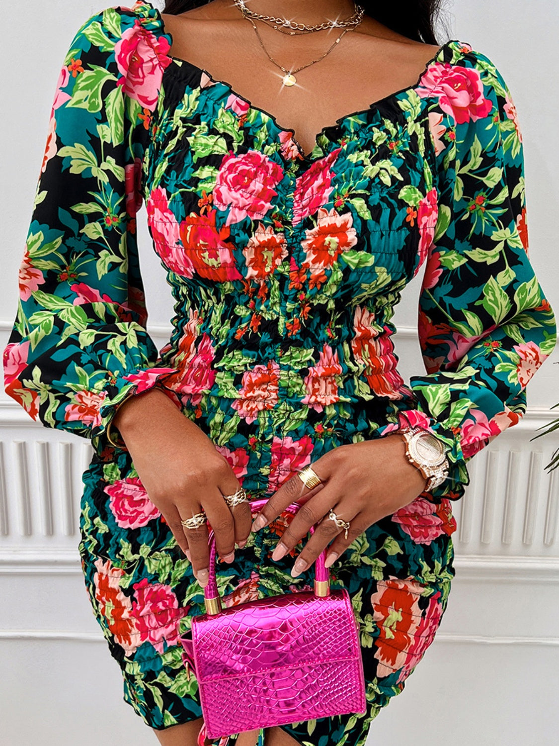 Floral Drawstring Flounce Sleeve Dress