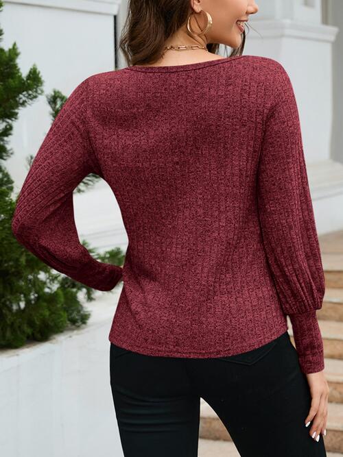 Ribbed Round Neck Lantern Sleeve Knit Top