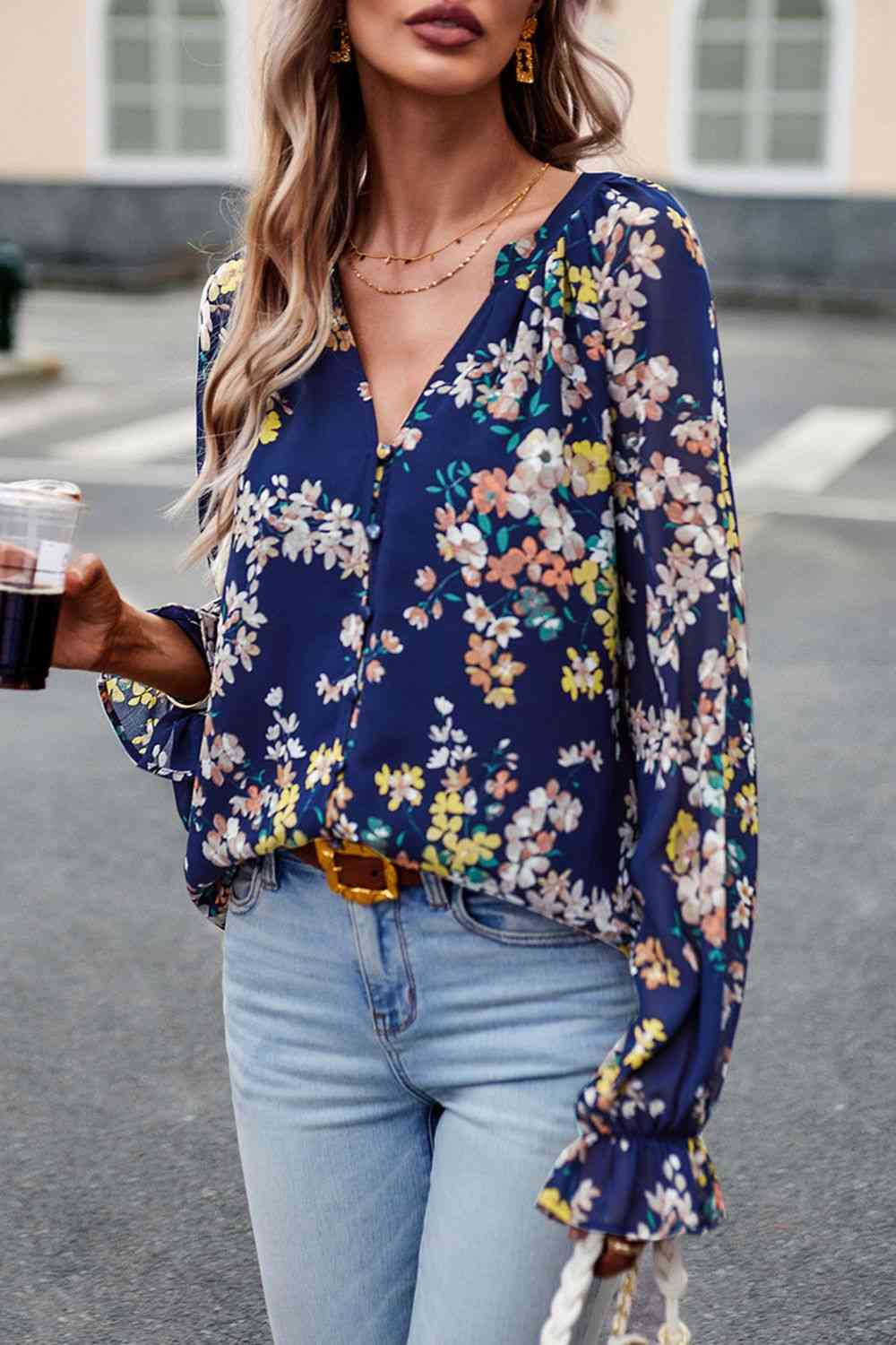 Bluse mit Volantärmeln und Blumendruck