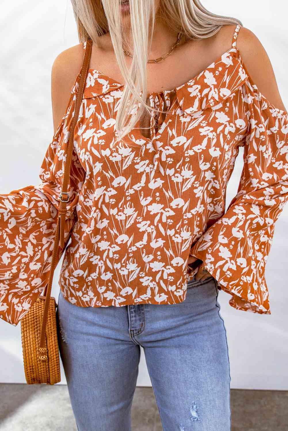 Floral Cold-Shoulder Flare Sleeve Blouse