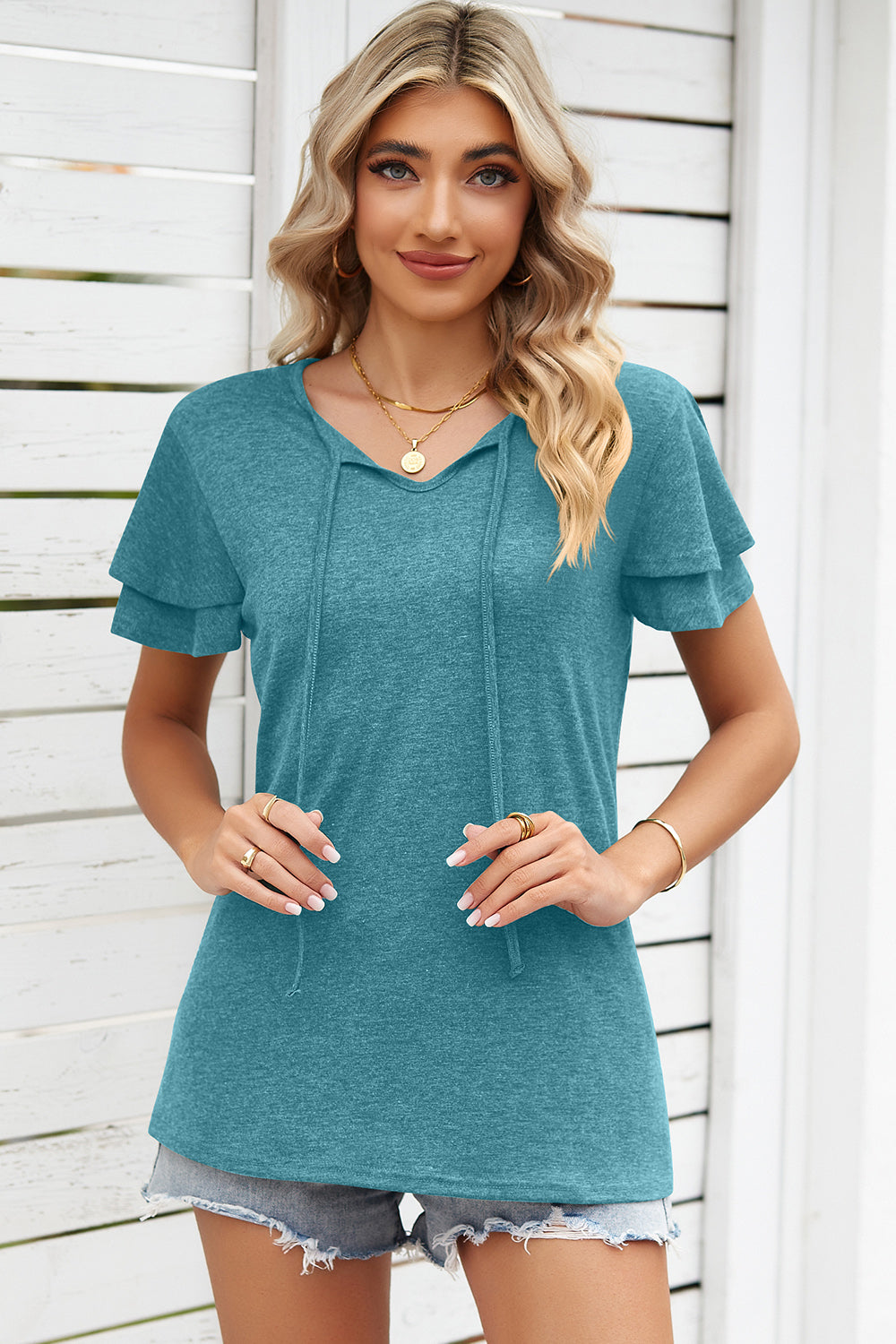 Tie Waist Flutter Sleeve Blouse