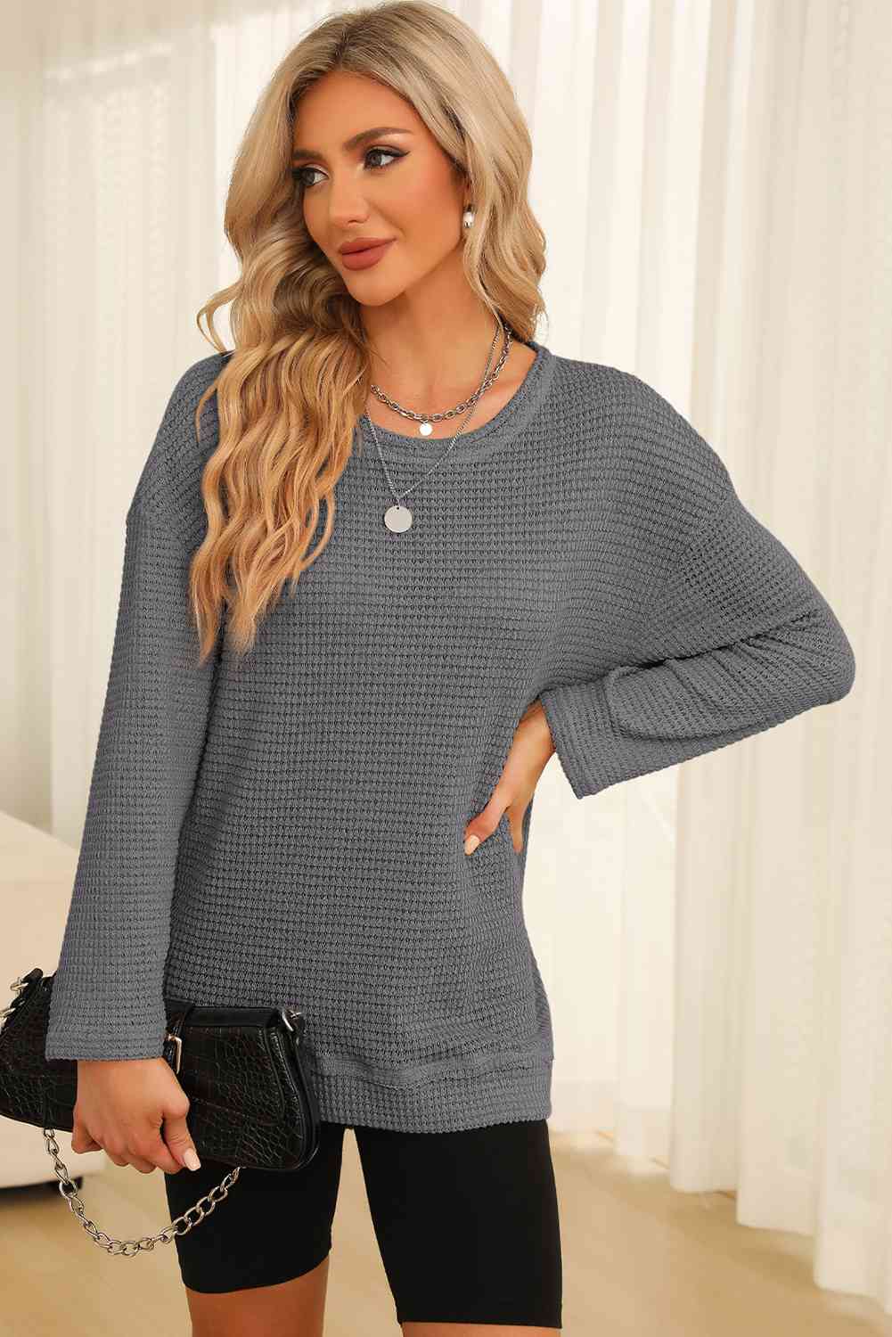 Waffle-Knit Round Neck Long Sleeve Sweatshirt