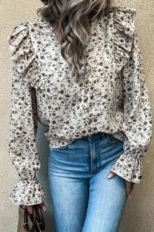 Floral Ruffled Flounce Sleeve Blouse