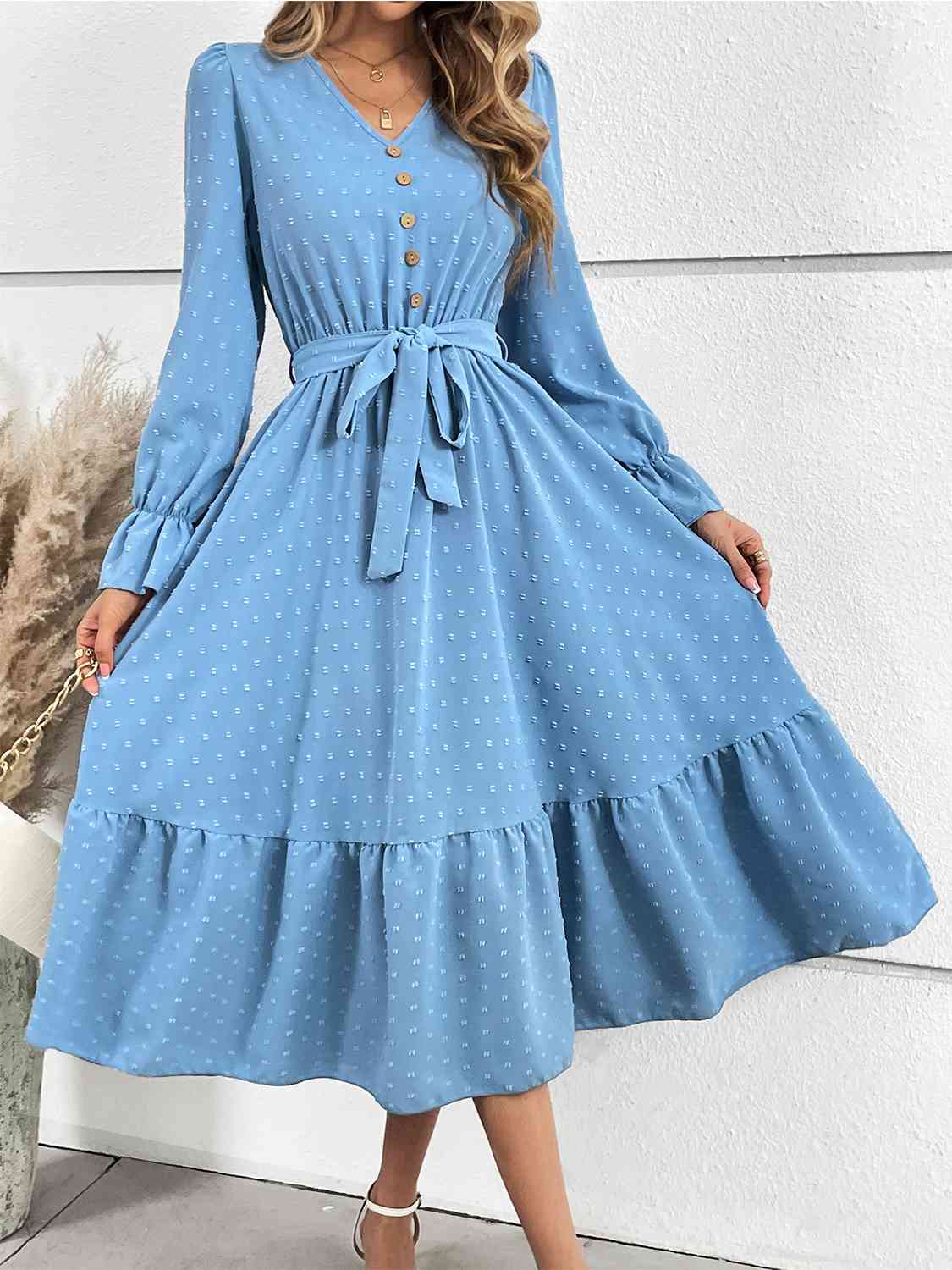 Swiss Dot Tie Front Ruffle Hem Dress