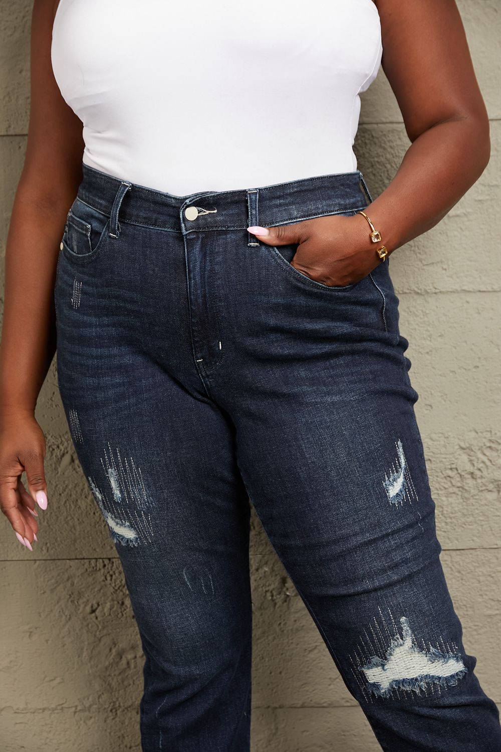 Judy Blue Full Size Mid Rise Distressed Cuffed Boyfriend Jeans