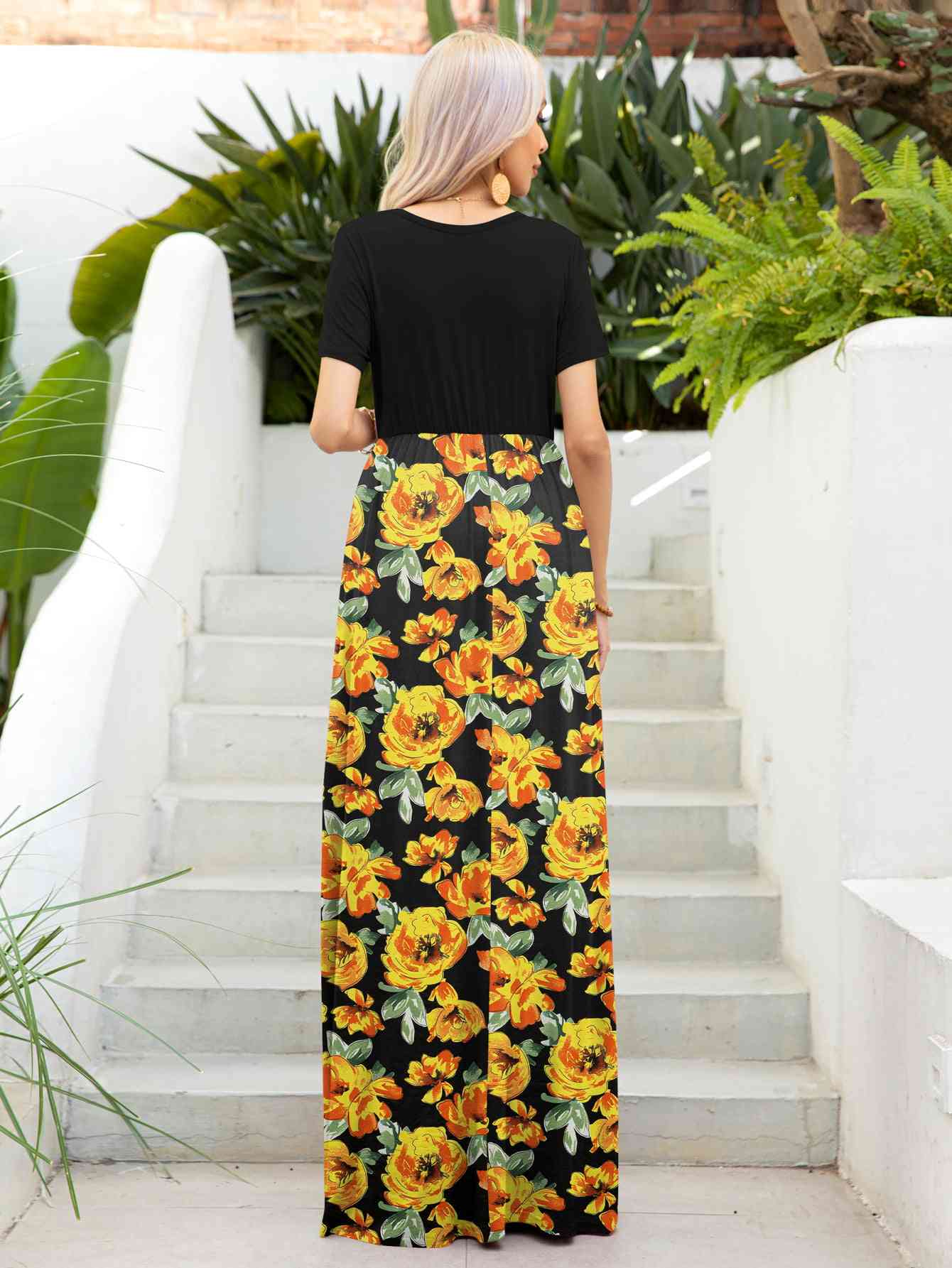 Printed Round Neck Short Sleeve Maxi Dress