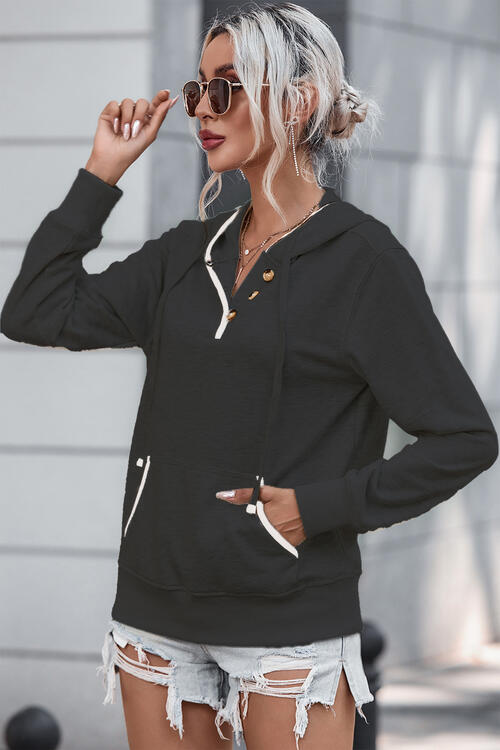 Half Button Drawstring Long Sleeve Hoodie