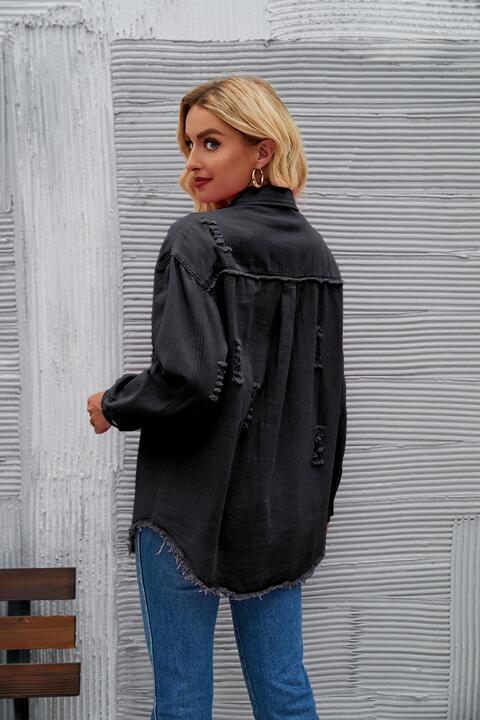 Jeansjacke mit Used-Look und offenem Saum