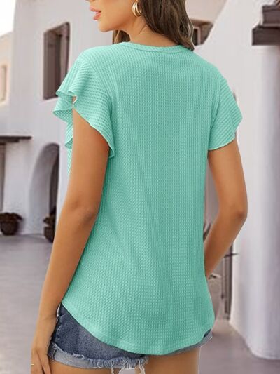 Waffle-Knit Round Neck Cap Sleeve Blouse