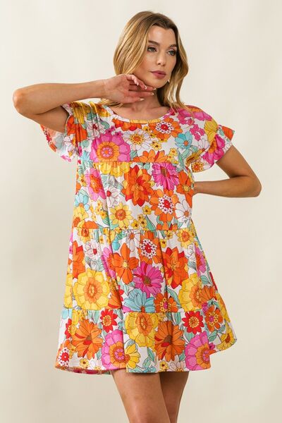 BiBi Floral Short Sleeve Tiered Dress