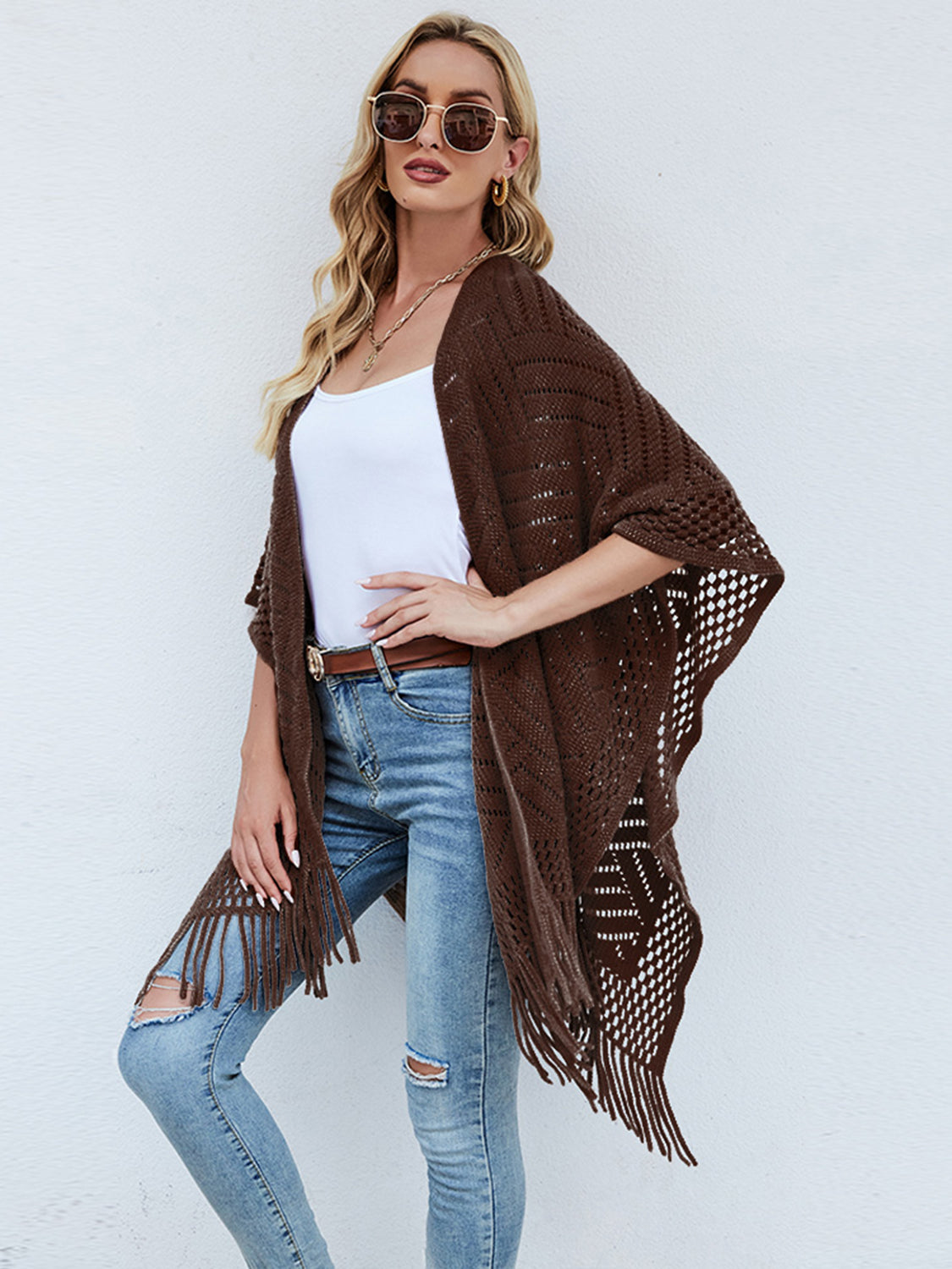 Poncho mit offener Vorderseite und Fransensaum