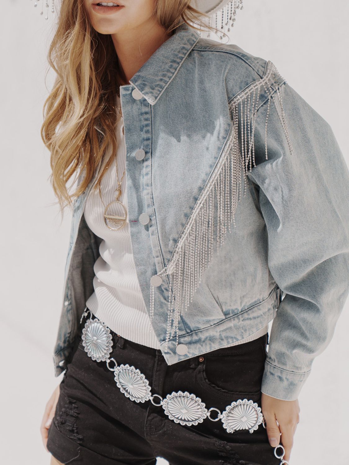 Fringe Detail Dropped Shoulder Denim Jacket