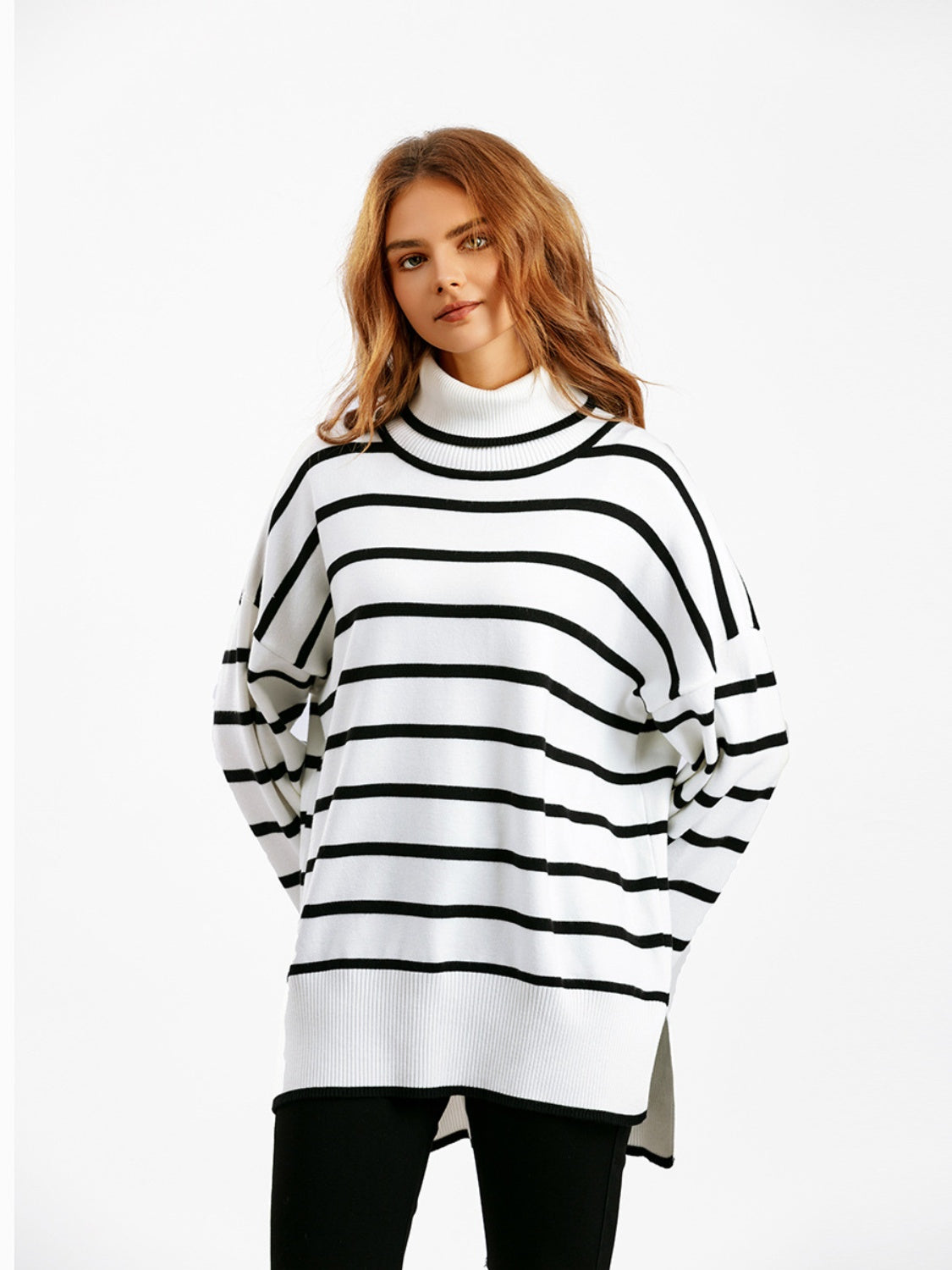 Striped Drop Shoulder Turtleneck Sweater