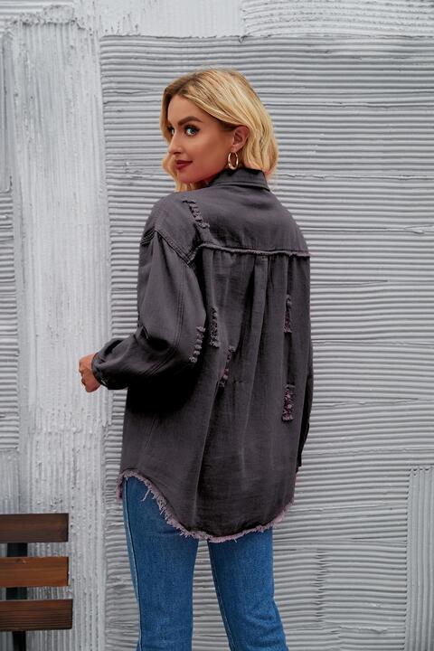 Jeansjacke mit Used-Look und offenem Saum