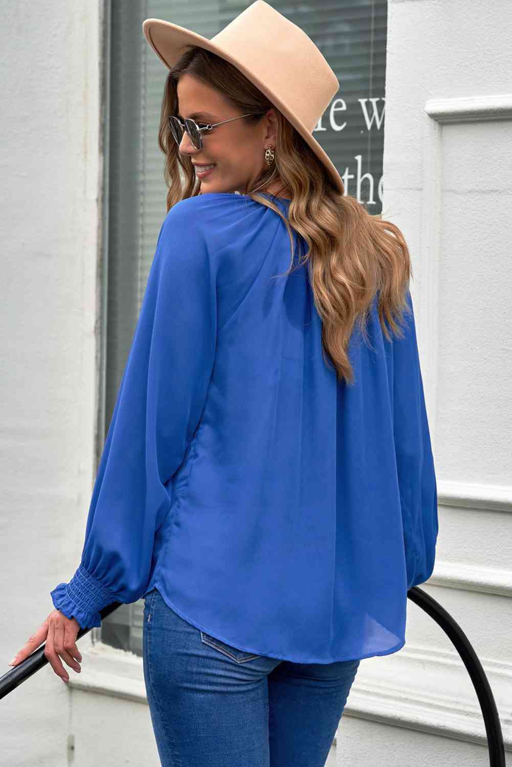 Notched Neck Lantern Sleeve Blouse